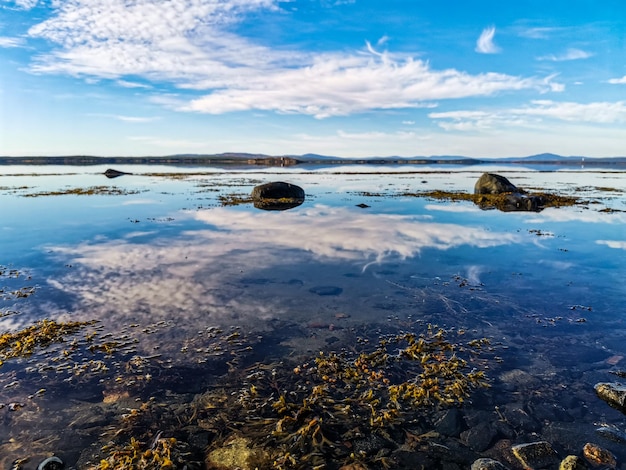 La costa del Mar Bianco in una giornata di sole con pietre nell'acqua Carelia
