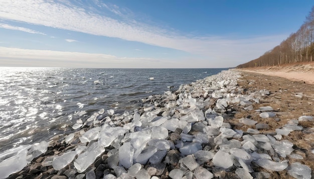 La costa di pietra del Mar Baltico in primavera con i resti di ghiaccio alla luce del sole