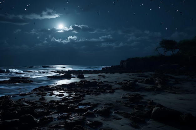 La costa rocciosa sotto la luna piena