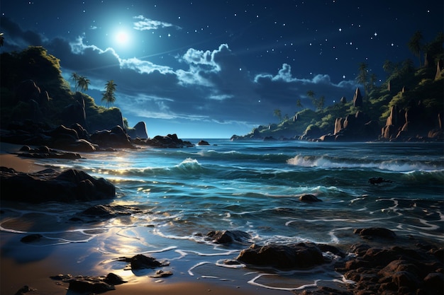 La costa stellata Le onde cascano sulla spiaggia sabbiosa Sotto un baldacchino celeste di notte