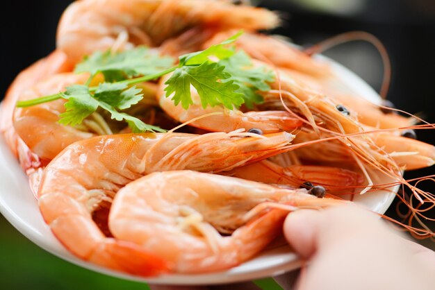 La cottura dei gamberetti dei gamberi dei frutti di mare è servito con la parete della natura - gamberetto fresco sul piatto bianco a disposizione con il coriandolo dell'erba degli ingredienti