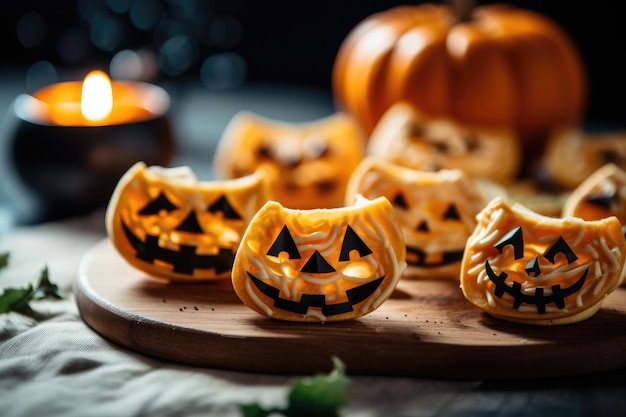 La cottura di Halloween su uno sfondo scuro Diversi dessert e piccole torte stagionali AI generativa