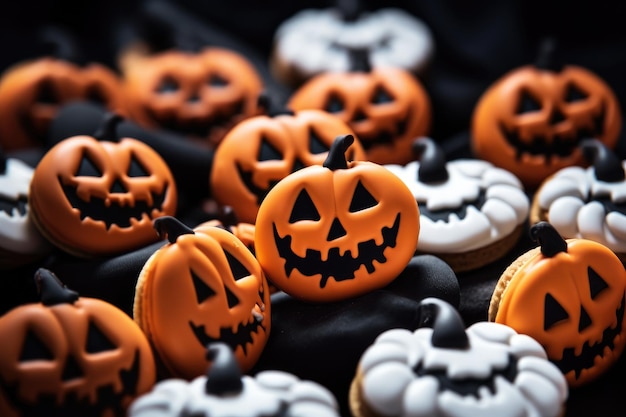 La cottura di Halloween su uno sfondo scuro Diversi dessert e piccole torte stagionali AI generativa