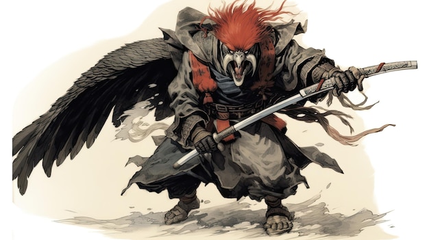 La creatura mitica Tengu che guida i guerrieri samurai nel folklore estetica giapponese guerriero uccello piastra armatura antichità concetto di guerra misticismo mitologia generato da AI