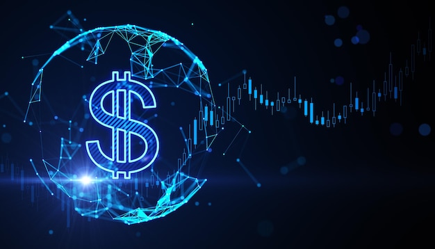 La crescita del mercato azionario e il concetto di investimento con il simbolo del dollaro digitale luminoso nella sfera assomiglia alla Terra e al candeliere del grafico finanziario in aumento su sfondo scuro Rendering 3D