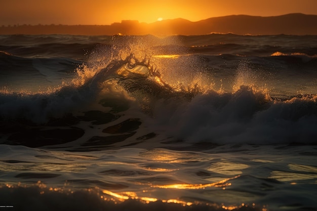 La cresta di un'onda in un tramonto dorato IA generativa
