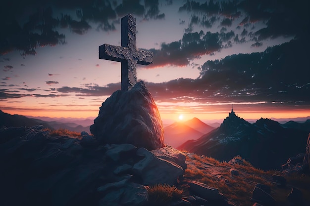 La croce di cristo in cima alla montagna con un bellissimo tramonto sullo sfondo AIGenerato