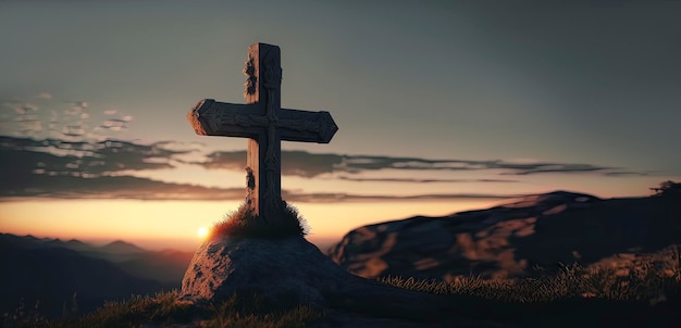 La croce di cristo in cima alla montagna con un bellissimo tramonto sullo sfondo IA generativa