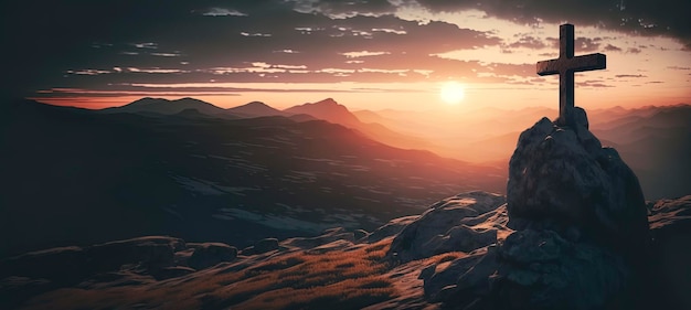 La croce di cristo in cima alla montagna con un bellissimo tramonto sullo sfondo IA generativa