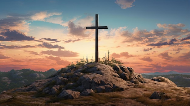 la croce di Cristo su una collina al tramonto