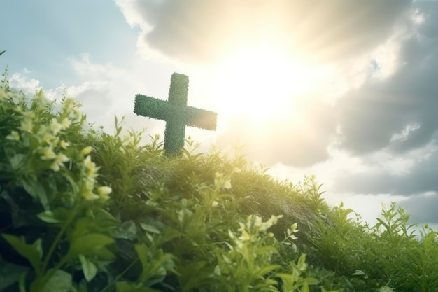La croce di Dio con foglia verde nei raggi del sole e il cielo blu Croce sulla collina con alberi verdi e cereali vista naturale concetto religioso AI Generative