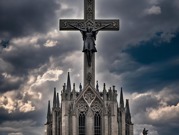 La croce gotica della cattedrale si erge alta contro il cielo drammatico ai generato