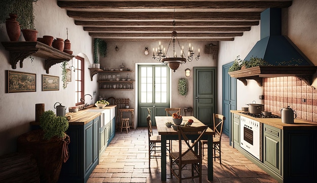 La cucina di campagna francese mette in mostra uno splendido lavello da fattoria, splendidi mobili e caldi pavimenti in legno che creano un'atmosfera accogliente e confortevole Generato dall'intelligenza artificiale