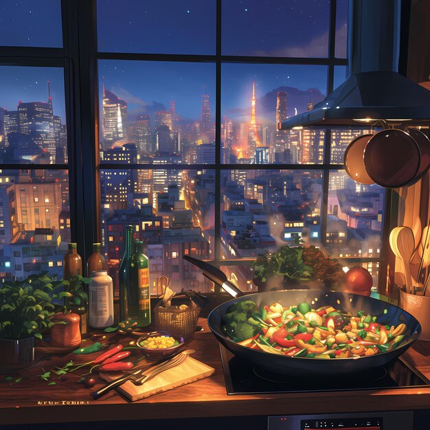 La cucina notturna del paesaggio urbano luminoso