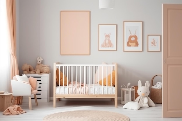 La culla di un bambino con un coniglietto sul muro