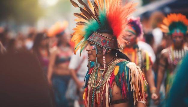 La cultura indigena sfila uomini e donne in abiti tradizionali che ballano all'aperto generati dall'intelligenza artificiale
