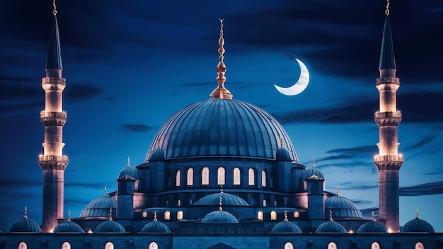 La cupola della moschea nel cielo crepuscolare blu scuro banner in stile islamico per la visualizzazione di prodotti beauti