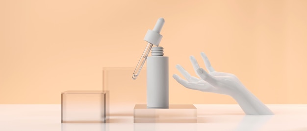 La cura della pelle siero crema lozione bottiglia cosmetica rendering 3d illustrazione mockup trattamento termale medico imballaggio del prodotto