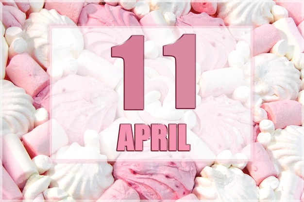 La data del calendario sullo sfondo dei marshmallow bianchi e rosa L'11 aprile è l'undicesimo giorno del mese