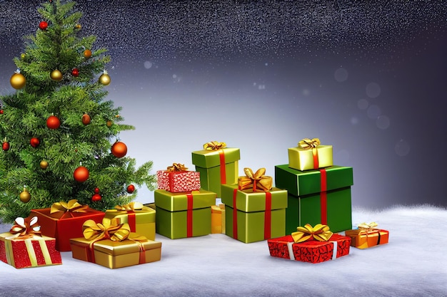 La decorazione del festival di Natale con scatole regalo impila un albero di Natale spettacolare