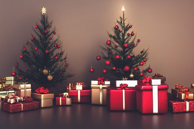La decorazione del festival di Natale con scatole regalo impila un albero di Natale spettacolare
