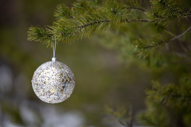 La decorazione di Capodanno è appesa a un albero di natale in natura. Foto di alta qualità