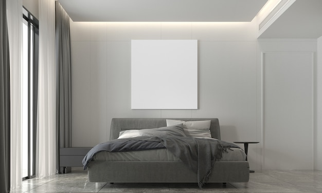 La decorazione e l'accogliente finto design degli interni della camera da letto e della cornice di tela vuota e del modello di parete bianca sullo sfondo del rendering 3D