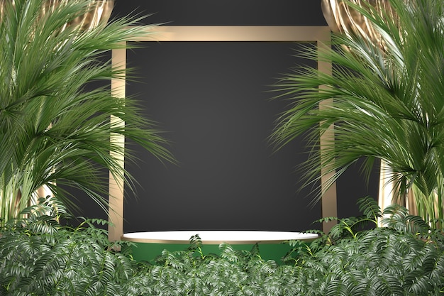 La decorazione geometrica e vegetale del podio in granito tropicale su sfondo nero .3D rendering