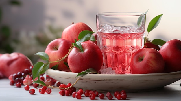 La delizia del raccolto Vista laterale delle mele rosse e del succo fresco sulla tavola