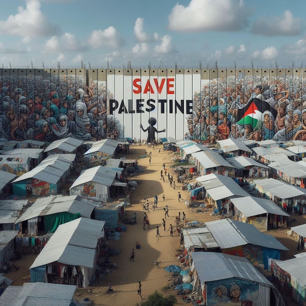 La determinazione e la resilienza sono evidenti nella foto dello striscione "Salva la Palestina" nel campo dei rifugiati.