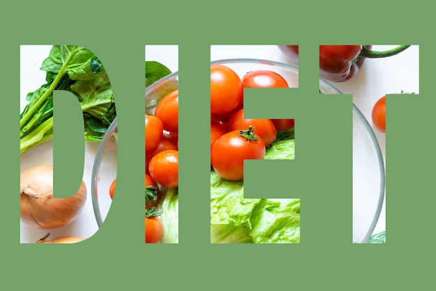 La dieta di parole è composta da verdure frutta Concetto di cibo sano per la dieta chetogenica che pulisce il corpo organismo corretta alimentazione alimentazioneCibi ricchi di minerali e antiossidanti a basso contenuto caloricovegetariano