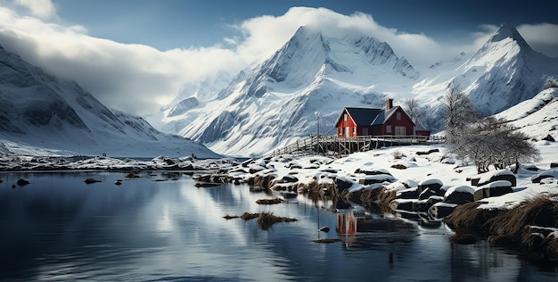 la dimora rossa si trova vicino all'acqua la cabina rossa si trova sulla cima di una montagna e si affaccia sull'acqua