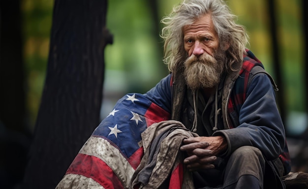 La disperazione in mezzo alla natura, gli anziani senzatetto e la bandiera americana