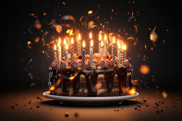 La dolce indulgenza Uno spettacolo di torta di compleanno al cioccolato di un'intelligenza artificiale creativa con candele fiammeggianti e ornamento