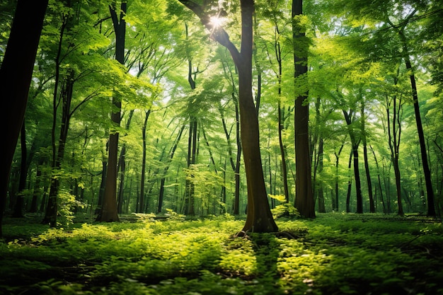 La dolce luce solare del pomeriggio filtra attraverso il denso baldacchino della foresta