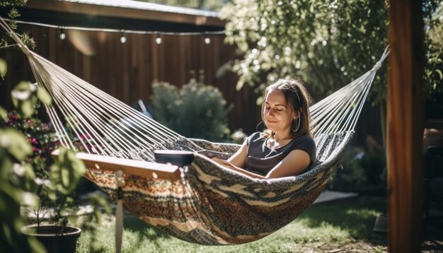 La donna a piedi nudi sorride legge rilassa sull'amaca generata dall'intelligenza artificiale