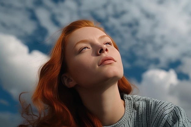 La donna addormentata felice riposa su una nuvola serena e calma pacifica nel cielo rilassante
