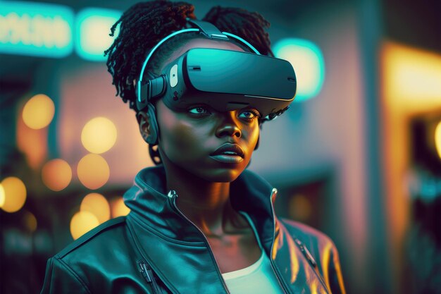 La donna africana indossa occhiali per realtà virtuale in piedi sullo sfondo del mondo virtuale