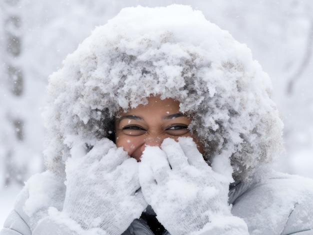 la donna afroamericana si gode la giornata invernale innevata in una giocosa posa dinamica emotiva