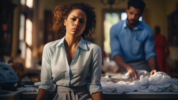 La donna annoiata a stirare i vestiti a casa sembra irritata mentre fa le faccende domestiche