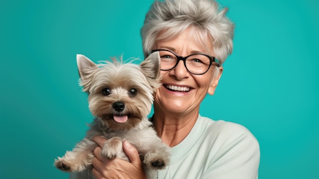 La donna anziana tiene in braccio un cucciolo di cane su sfondo blu