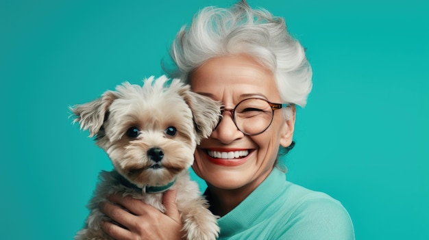 La donna anziana tiene in braccio un cucciolo di cane su sfondo blu