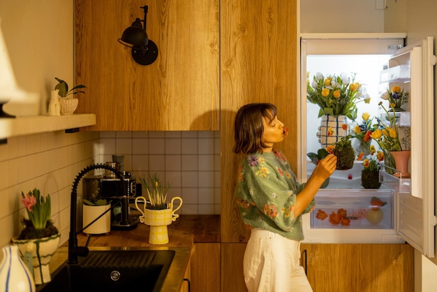 La donna apre il frigorifero pieno di fiori freschi a casa