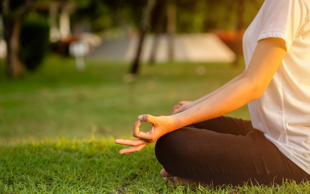 La donna asiatica che fa l'yoga si esercita nel parco