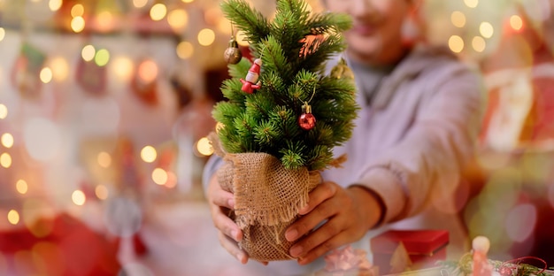 La donna asiatica decora per Natale da sola a casa. La famiglia festeggia e felice anno nuovo a casa.