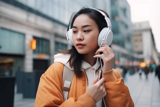 La donna asiatica in giacca arancione ascolta musica con le cuffie sull'intelligenza artificiale generativa della via della città