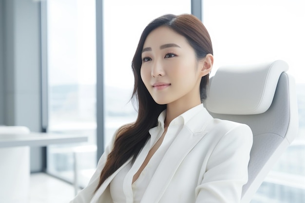 La donna asiatica in un abito bianco si siede su una sedia
