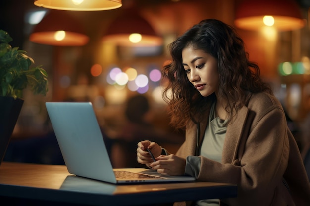 La donna asiatica moderna che abbraccia la tecnologia intrepidamente impegnata in un caffè