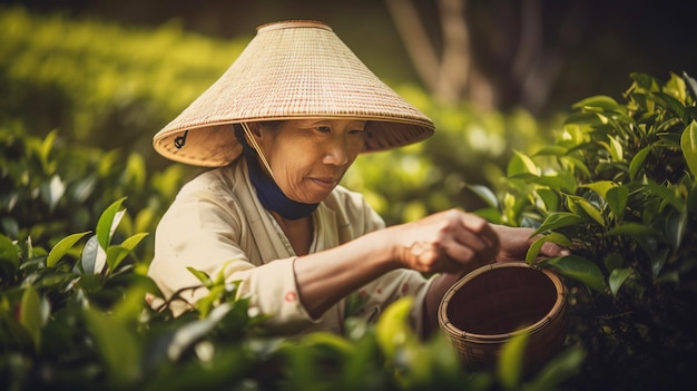 La donna asiatica raccoglie le foglie di tè verdi