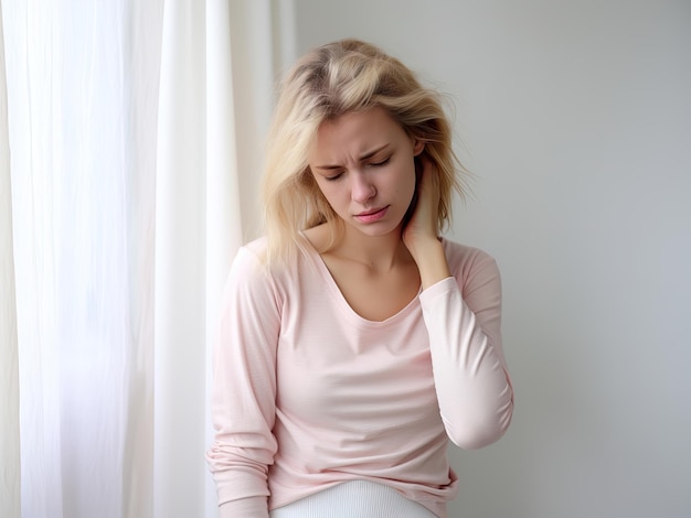 La donna bionda in rosa soffre di mal di testa